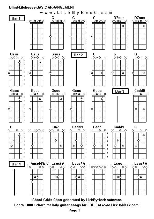 Chord Grids Chart of chord melody fingerstyle guitar song-Blind-Lifehouse-BASIC ARRANGEMENT,generated by LickByNeck software.